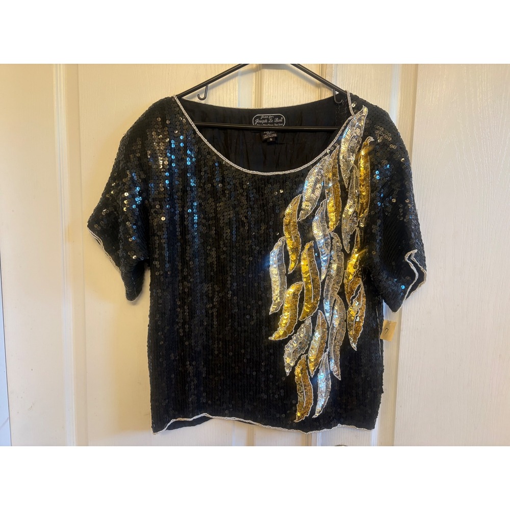 Jean for Joseph Le Bon Vintage Silk Sequin Blouse Black Gold Silver Feather S - Picture 8 of 8